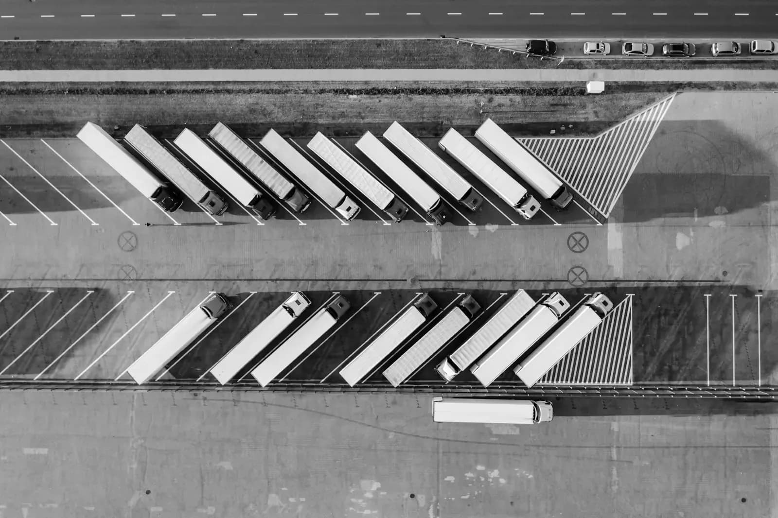 Aerial view of trucks at a logistics depot